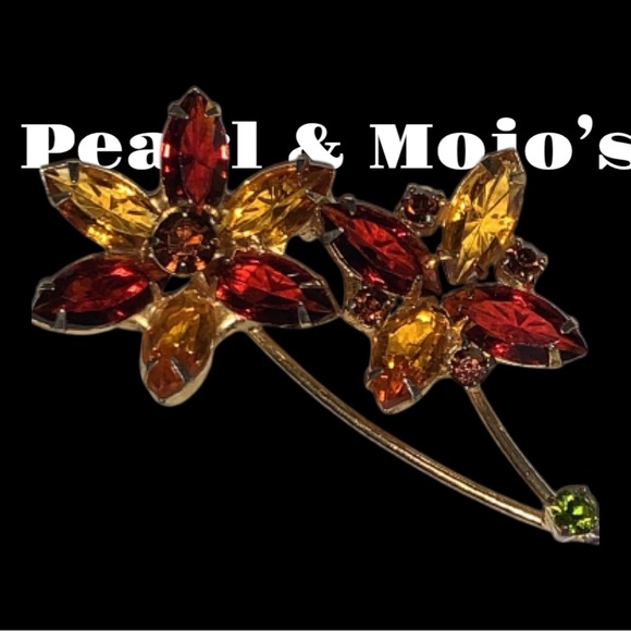 Vintage JULIANNA Topaz Rhinestone Flower Stem Brooch - Picture 2 of 12